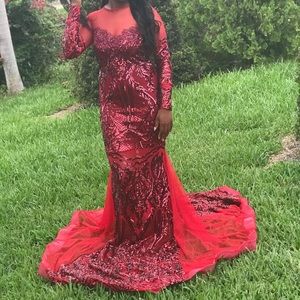 Red mesh prom dress